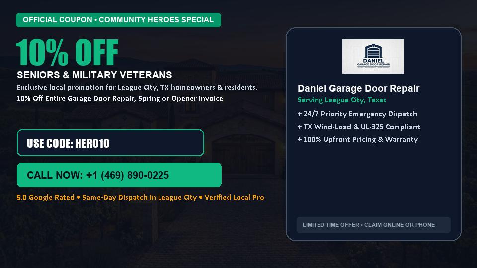 Daniel Garage Door Repair 10% OFF Seniors & Military Veterans in League City, TX